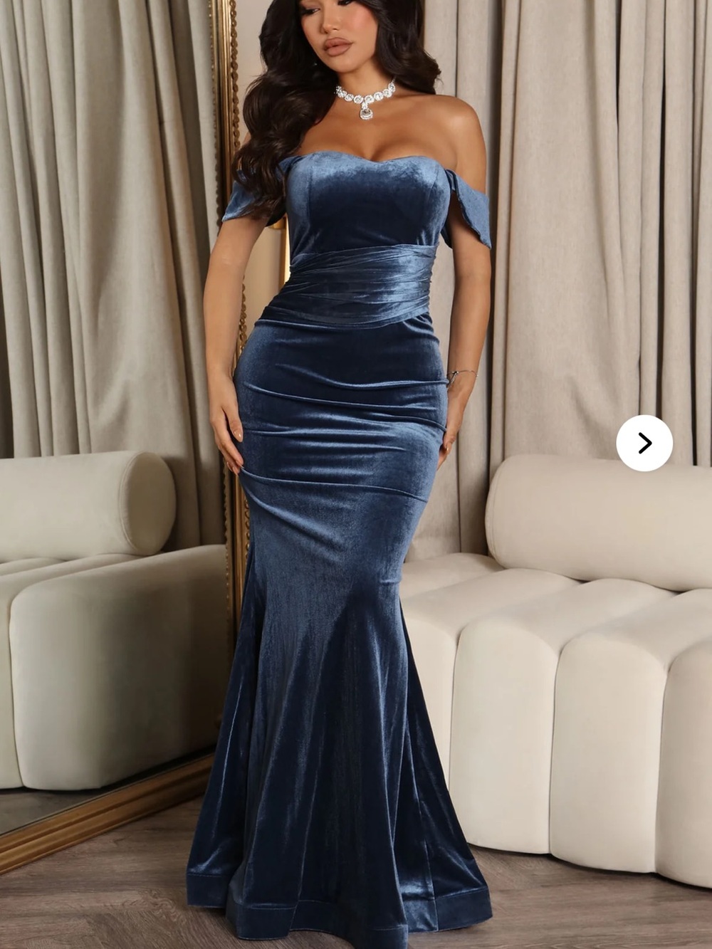 Fashion Nova Off-Shoulder Velvet Mermaid Gown in Blue